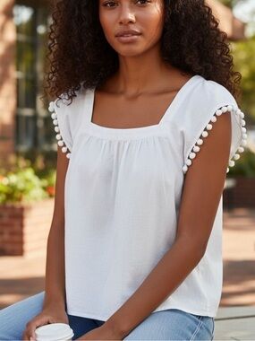 J. Crew Square-neck Top in Cotton Poplin with Pom-Poms